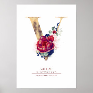 Affiche Lettre V Monogramme Floral Marine Bleu et Bourgogn