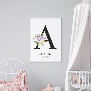 Affiche Lettre violet lavande 'A' Nursert Nom Wall Art