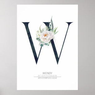 Affiche Lettre W Monogramme Fleurs blanches et verdure