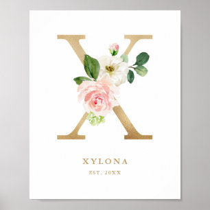 Affiche Lettre X Blush Floral Monogram Gold Foil Nursery