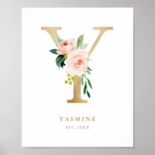 Affiche Lettre Y Blush Floral Monogram Gold Foil Nursery