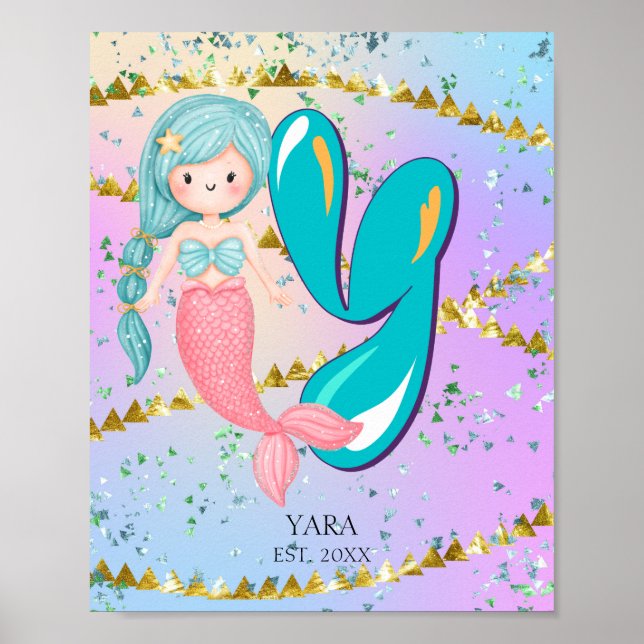 Affiche Lettre Y Monogramme Aquarelle mignonne Sirène (Devant)