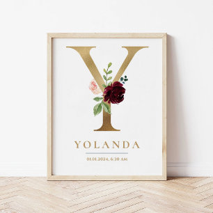 Affiche Lettre Y Nom du monogramme Marsala Floral Nursery