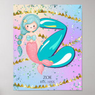 Affiche Lettre Z Monogramme Aquarelle mignonne Sirène
