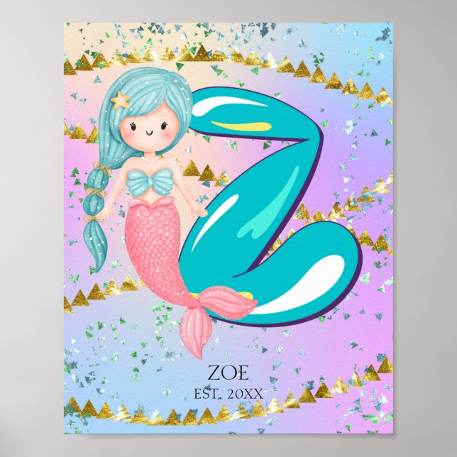 Affiche Lettre Z Monogramme Aquarelle mignonne Sirène (Devant)
