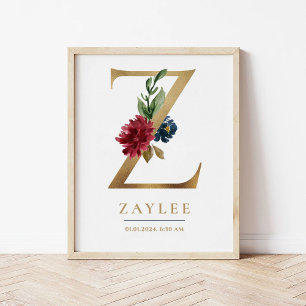 Affiche Lettre Z Nom du monogramme Marsala Floral Nursery
