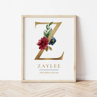 Affiche Lettre Z Nom du monogramme Marsala Floral Nursery