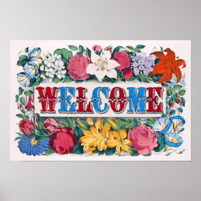 Affiche Lettres de bienvenue Roses Lys Fleurs Jardin (Devant)