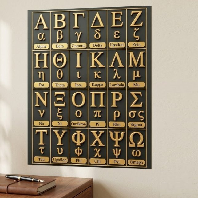 Affiche Lettres de l'alphabet grec doré Prononciation dans (Greek alphabet classroom poster template)