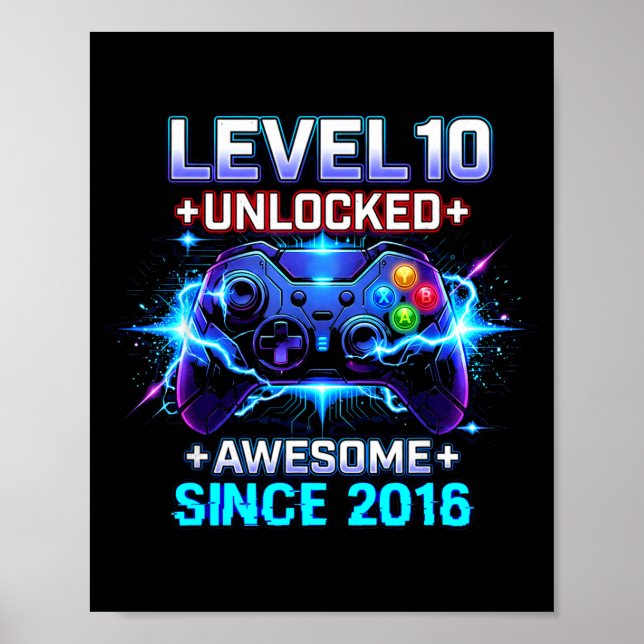Affiche Level 10 Unlocked Awesome Since 2016 10th Birthday (Devant)