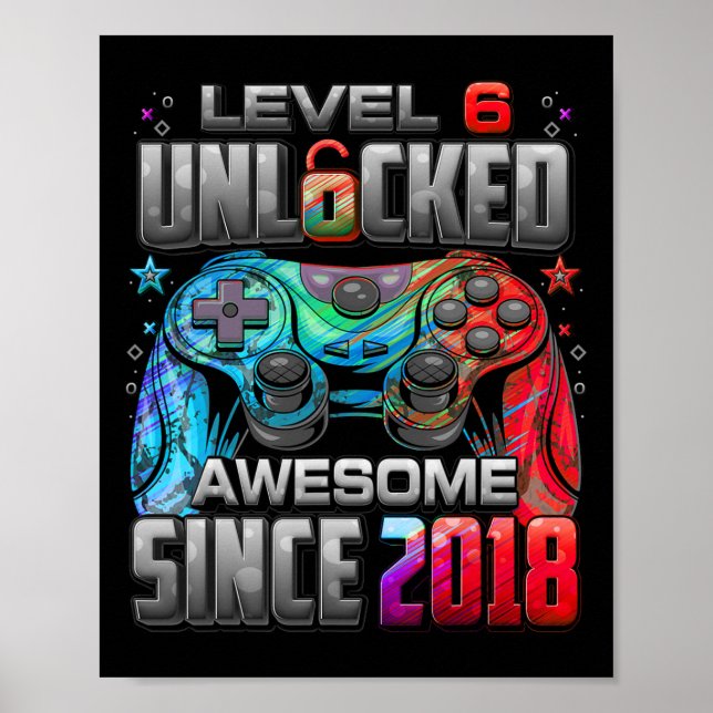 Affiche Level 6 Unlocked Awesome Since 6th Birthday Gaming (Devant)