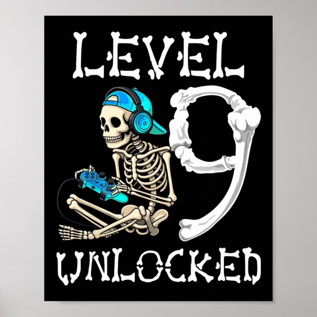 Affiche Level 9 Unlocked Skeleton Gamer Video Gaming 9th B (Devant)