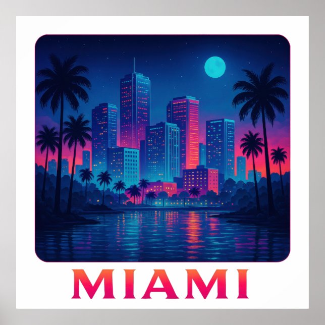 Affiche Lever de lune à Miami - Skyline néon (Devant)