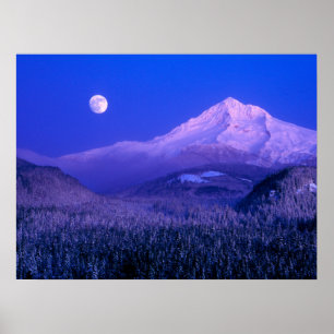 Affiche Lever de lune sur le mont Hood Oregon en hiver