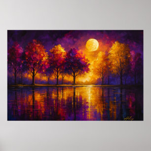 Affiche Lever de Lune Vibrant sur des Arbres Colorés Abstr
