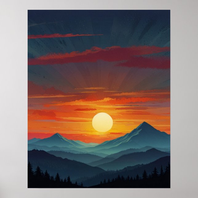 Affiche Lever de soleil abstrait sur la montagne (Devant)
