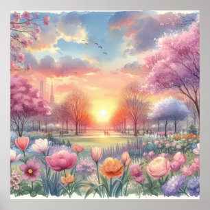 Affiche Lever de soleil dans un parc avec des fleurs aquar