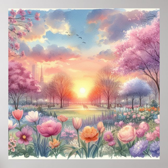 Affiche Lever de soleil dans un parc avec des fleurs aquar (Devant)