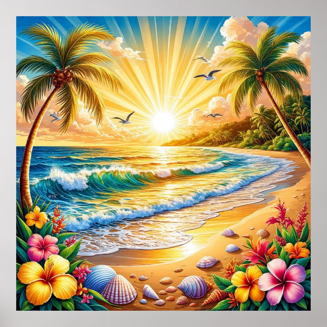 Affiche Lever de soleil de plage tropicale avec palmiers,  (Devant)