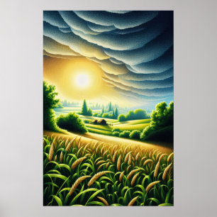 Affiche Lever de soleil doré sur des champs verts Paysage