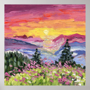 Affiche Lever de soleil en montagne avec des fleurs sauvag