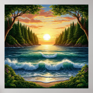 Affiche Lever de soleil époustouflant sur les vagues de l'