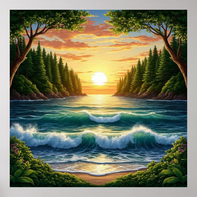 Affiche Lever de soleil époustouflant sur les vagues de l' (Devant)