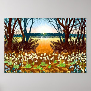 Affiche Lever de soleil forestier et fleurs sauvages