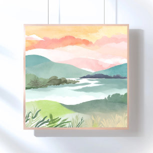 Affiche Lever de soleil matinal sur le lac Aquarelle Nat