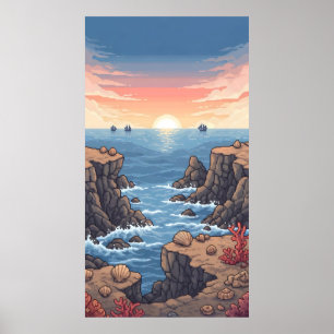 Affiche Lever de soleil pixelisé au-dessus de l'océan avec