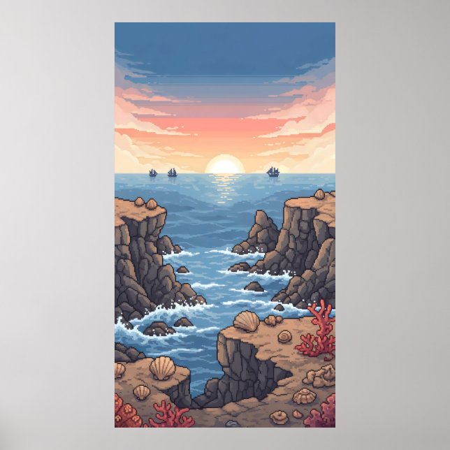 Affiche Lever de soleil pixelisé au-dessus de l'océan avec (Devant)
