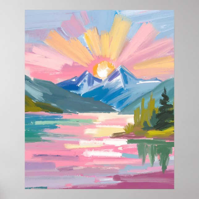 Affiche lever de soleil sur les montagnes aquarelle (Devant)