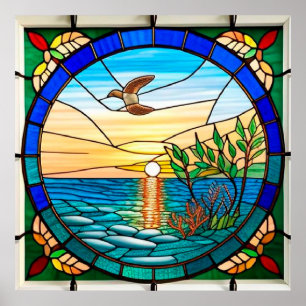 Affiche Lever de soleil sur l'océan avec oiseau en vol