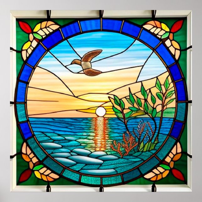Affiche Lever de soleil sur l'océan avec oiseau en vol (Devant)