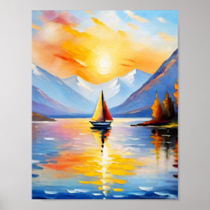 Affiche Lever de soleil sur un lac et des montagnes enneig