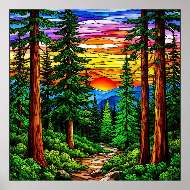 Affiche Lever de soleil sur un paysage forestier tranquill (Devant)