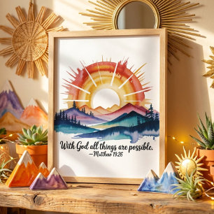 Affiche Lever du soleil montagne aquarelle verset biblique