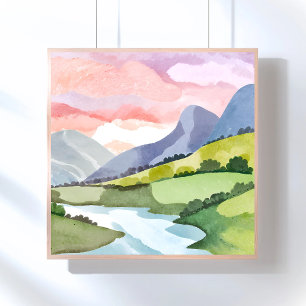 Affiche Levers de soleil sur le versant vert de la montagn