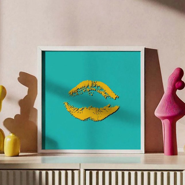 Affiche Lèvres qui s'embrassent turquoise et jaune (Créateur téléchargé)