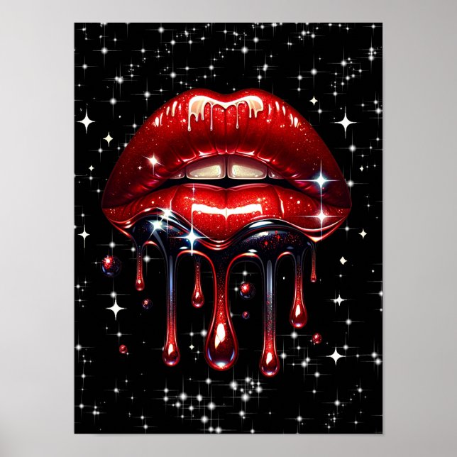 Affiche Lèvres Rouges Dégoulinantes de Paillettes Brillant (Devant)