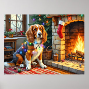 Affiche Lévrier Afghan cheminée avec lumières de Noël