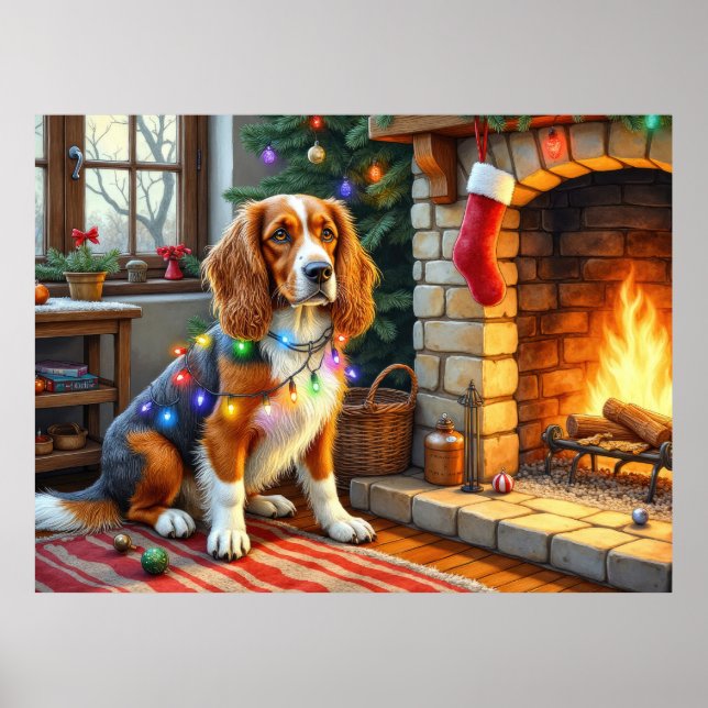 Affiche Lévrier Afghan cheminée avec lumières de Noël (Devant)
