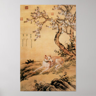 Affiche Lévrier Chinois Vintage Sous Les Fleurs De Pêcher
