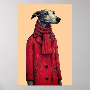Affiche Lévrier en manteau rouge d'hiver, dessin stylisé
