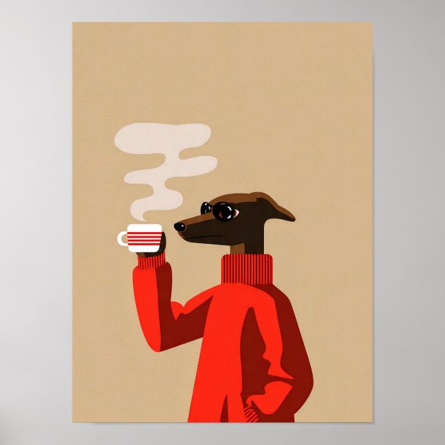 Affiche Lévrier Whippet Cozy buvant du café - Illustration (Devant)