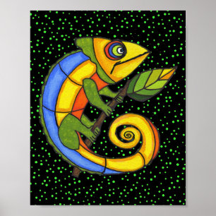 Affiche Lézard coloré sur une branche Peinture originale
