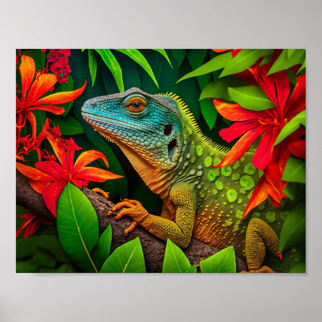 Affiche Lézard vert en forêt tropicale (Devant)