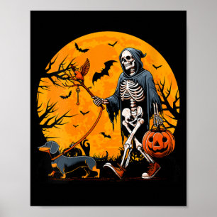 Affiche L'Halloween féminin conduit le chien squelette de