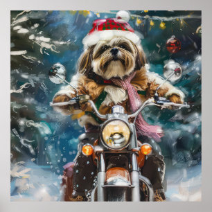 Affiche Lhasa Apso Chien à cheval Moto Noël