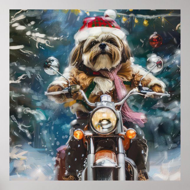 Affiche Lhasa Apso Chien à Moto Noël  (Devant)